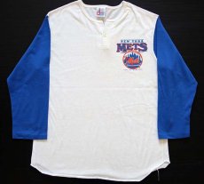 画像1: 80s USA製 MLB NEW YORK METS ツートン ヘンリーネック 七分袖 Tシャツ 青 M (1)