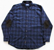 画像1: デッドストック★PENDLETONペンドルトン オンブレチェック エルボーパッチ付き ウールシャツ 紺×黒 XL (1)