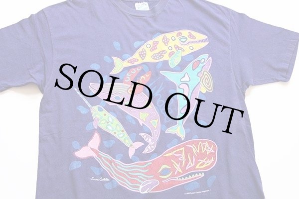 90s USA製 Hanes Susan Costello クジラ アート コットンTシャツ 青紫 