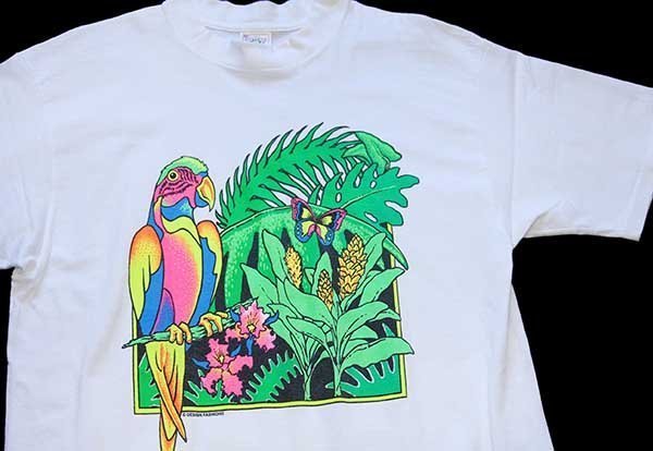 90s コンゴウインコ バタフライ 蛍光プリント アート コットンTシャツ ...