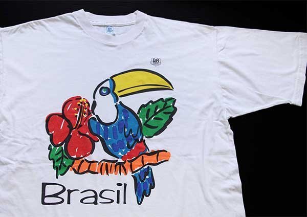 90s Brasil オオハシ 染み込みプリント アート コットンTシャツ 白