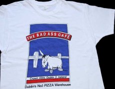 画像1: 80s THE BAD ASS CAFE Dublin's No.1 PIZZA Warehouse ロバ 両面 染み込みプリント コットンTシャツ 白 (1)