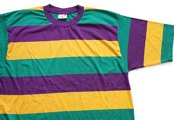 90s IMPORTED BY KAPLIN INC マルチ太ボーダー Tシャツ 紫×黄×緑 XL 