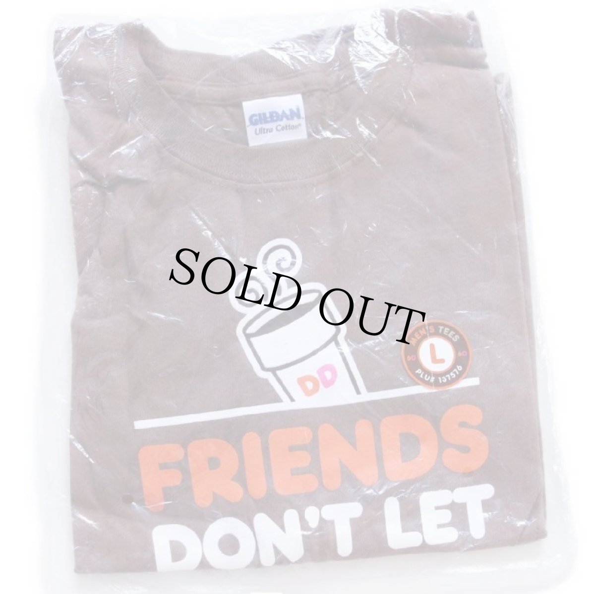 画像1: 未使用★Dunkin' Donuts ダンキンドーナツ FRIENDS DON'T LET FRIENDS DRINK STARBUCKS コットンTシャツ 茶 L (1)