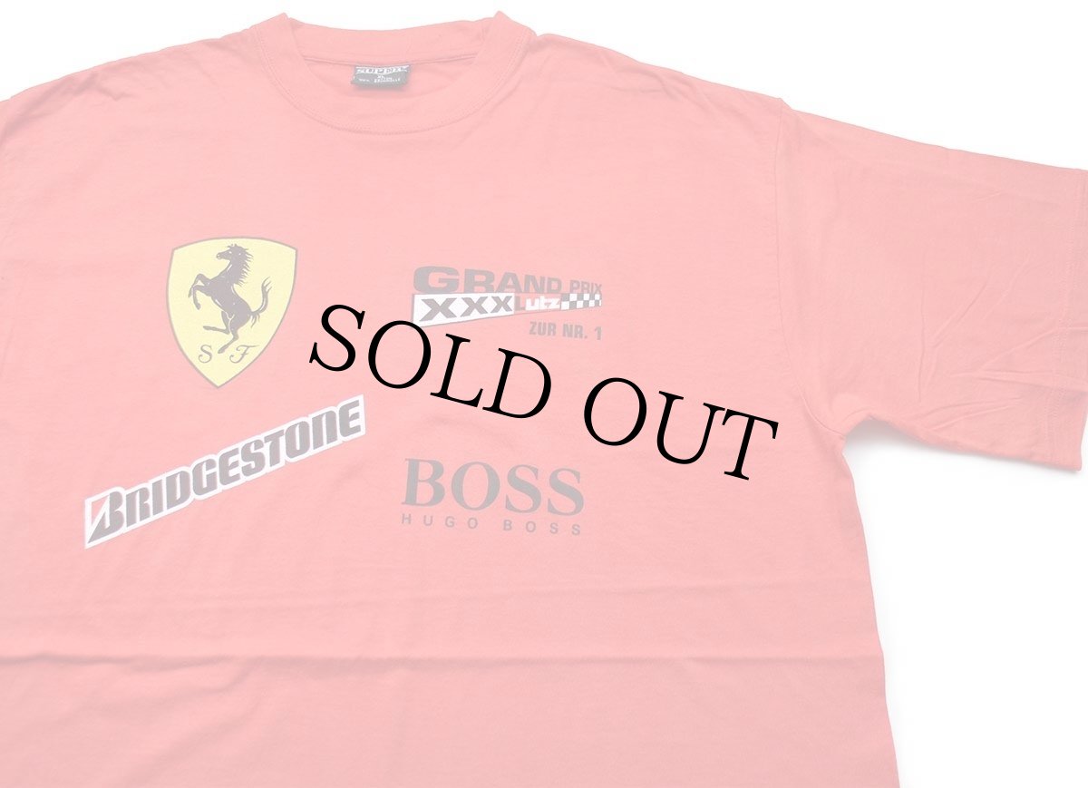 画像1: 00s GRAND PRIX Ferrariフェラーリ BRIDGESTONE HUGO BOSS ロゴ 両面プリント コットンTシャツ 赤 XL (1)