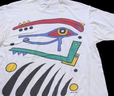 画像1: 80s USA製 Eye of Horus アート 染み込みプリント コットンTシャツ 白 XXL★特大 (1)