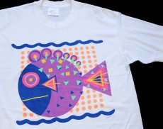 画像1: 80s USA製 熱帯魚 蛍光プリント アート Tシャツ 白 L (1)