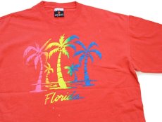 画像1: 90s USA製 Florida ヤシの木 蛍光 発泡プリント アート コットンTシャツ オレンジ L (1)