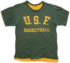 画像1: 70s USA製 Championチャンピオン U.S.F. BASKETBALL コットン リバーシブルTシャツ 緑×黄 M (1)