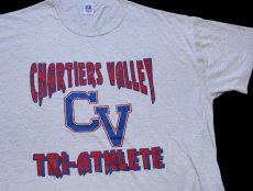 画像1: 90s USA製 RUSSELLラッセル CHARTIERS VALLEY TRI-ATHLETE ひび割れプリント Tシャツ 杢グレー XL (1)