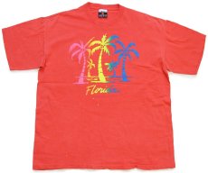 画像2: 90s USA製 Florida ヤシの木 蛍光 発泡プリント アート コットンTシャツ オレンジ L (2)