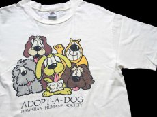 画像1: 90s USA製 crazy shirts ADOPT A DOG ドッグ イラスト 両面 染み込みプリント コットンTシャツ 生成り M (1)