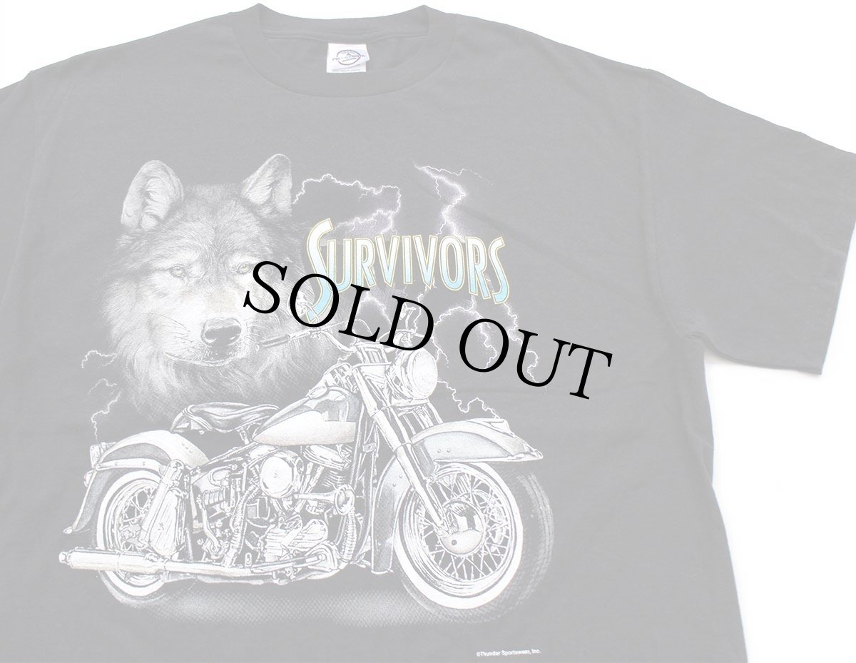 画像1: 00s SURVIVORS STURGIS SOUTH DAKOTA ウルフ サンダー ハーレー ダビッドソン 両面プリント コットンTシャツ 黒 L (1)