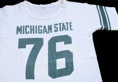 画像1: 70s USA製 Championチャンピオン MICHIGAN STATE 76 ナンバリング 染み込みプリント コットン フットボールTシャツ 白 M (1)