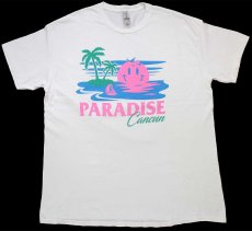 画像2: PARADISE Cancun スマイル ビーチ イラスト コットンTシャツ 白 XL (2)