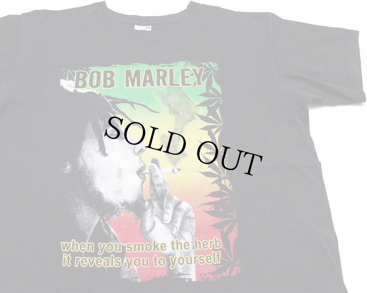 画像1: 00s モロッコ製 BOB MARLEY ボブマーリー ガンジャ 両面プリント コットンTシャツ 黒 M (1)