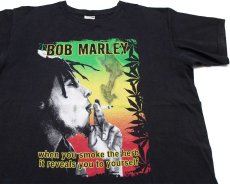 画像1: 00s モロッコ製 BOB MARLEY ボブマーリー ガンジャ 両面プリント コットンTシャツ 黒 M (1)