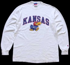 画像1: 00s Championチャンピオン KANSAS マスコット コットン 長袖Tシャツ 白 M (1)