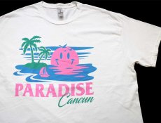 画像1: PARADISE Cancun スマイル ビーチ イラスト コットンTシャツ 白 XL (1)