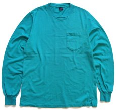 画像2: 90s USA製 LANDS'ENDランズエンド 無地 コットン ポケット付き 長袖Tシャツ ターコイズ M (2)