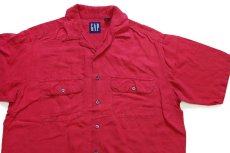 画像3: 90s GAPギャップ 無地 半袖 リネン×レーヨン オープンカラーシャツ 濃赤 フェード (3)