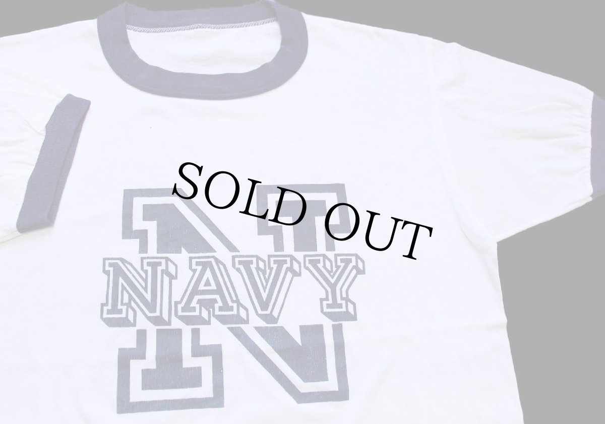画像1: 80s U.S.NAVY ロゴ ステンシル リンガーTシャツ 白×ナス紺 (1)