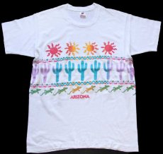 画像2: 90s USA製 ARIZONA 太陽 サボテン トカゲ アート 両面プリント コットンTシャツ 白 L (2)