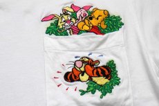 画像4: 90s Disneyディズニー クマのプーさん ピグレット ラビット ティガー 刺繍 コットン ポケットTシャツ 白 S (4)