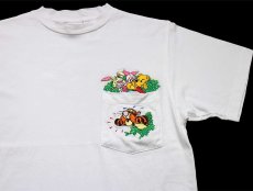 画像1: 90s Disneyディズニー クマのプーさん ピグレット ラビット ティガー 刺繍 コットン ポケットTシャツ 白 S (1)
