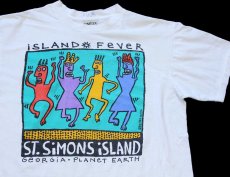 画像1: 90s ST.SIMONS ISLAND GEORGIA PLANET EARTH BIG HED designs アート コットンTシャツ 白 L (1)