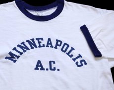 画像1: 60s USA製 CHAMPIONチャンピオン プロダクツ MINNEAPOLIS A.C. 染み込みプリント コットン リンガーTシャツ 白×ナス紺 L (1)