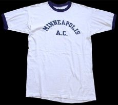 画像2: 60s USA製 CHAMPIONチャンピオン プロダクツ MINNEAPOLIS A.C. 染み込みプリント コットン リンガーTシャツ 白×ナス紺 L (2)