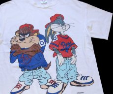 画像1: 90s USA製 WARNER BROS LOONEY TUNES タズマニアンデビル バッグスバニー 両面プリント コットンTシャツ 白 XL (1)