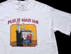 画像1: 90s USA製 ACME WARNER BROS LOONEY TUNES バッグスバニー ヨセミテサム PLAY IT AGAIN SAM コットンTシャツ 白 L (1)