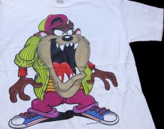 画像1: 90s USA製 Warner Bros LOONEY TUNES TAZ タズマニアンデビル 両面プリント コットンTシャツ 白 XL (1)