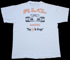 画像1: 90s P.I.G. RACING Say No To Drugs フォーミュラカー 蛍光プリント コットンTシャツ ボロ 白 L (1)