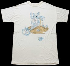 画像2: 80s USA製 MiLACA キャット 花柄 ぬいぐるみ バスケット アート Tシャツ ワンピース クリーム (2)