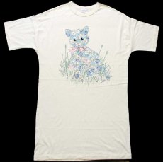 画像2: 80s USA製 Milaca キャット 花柄 ぬいぐるみ アート Tシャツ ワンピース クリーム (2)