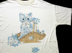 画像1: 80s USA製 MiLACA キャット 花柄 ぬいぐるみ バスケット アート Tシャツ ワンピース クリーム (1)