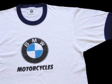 画像1: 80s BMW MOTORCYCLES ビッグロゴ リンガーTシャツ 白×紺 (1)