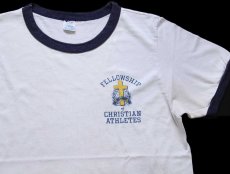 画像1: 80s USA製 Championチャンピオン FCA FELLOWSHIP CHRISTIAN ATHLETES 染み込みプリント リンガーTシャツ 白×紺 L (1)