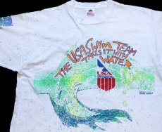 画像1: 90s USA製 THE USA SWIM TEAM ATLANTIC DESIGN SPEEDO 全面 スプラッシュ ペイント アート コットンTシャツ 白 XL (1)