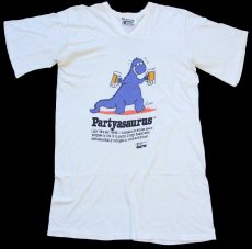 画像2: 80s USA製 Saurusly Speaking Partyasaurus 恐竜 ビール Vネック コットンTシャツ 白 (2)