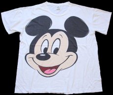 画像1: 90s USA製 Disneyディズニー ミッキー マウス 両面 染み込みプリント コットンTシャツ ボロ 白 (1)