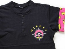 画像1: 00s MICKEY ミッキー マウス ヘンリーネック レイヤードスリーブ コットンTシャツ 黒 (1)