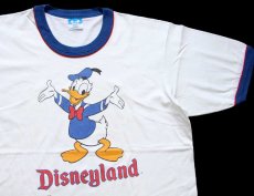 画像1: 80s USA製 Disneyディズニー Disneylandディズニーランド ドナルドダック コットン リンガーTシャツ 白×青 (1)