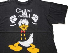 画像1: 90s Disneyディズニー ドナルドダック Cattivi Si diventa! Buoni Si nasce. 両面プリント コットンTシャツ 黒 (1)