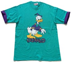 画像2: 90s Disneyディズニー DONALD ドナルドダック レイヤードスリーブ コットンTシャツ エメラルドグリーン×紫 (2)