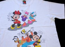 画像1: 90s USA製 Disneyディズニー ミッキー&ミニー マウス ドナルド&デイジーダック グーフィー プルート コットンTシャツ 白 (1)