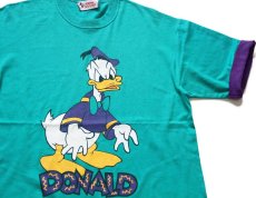 画像1: 90s Disneyディズニー DONALD ドナルドダック レイヤードスリーブ コットンTシャツ エメラルドグリーン×紫 (1)